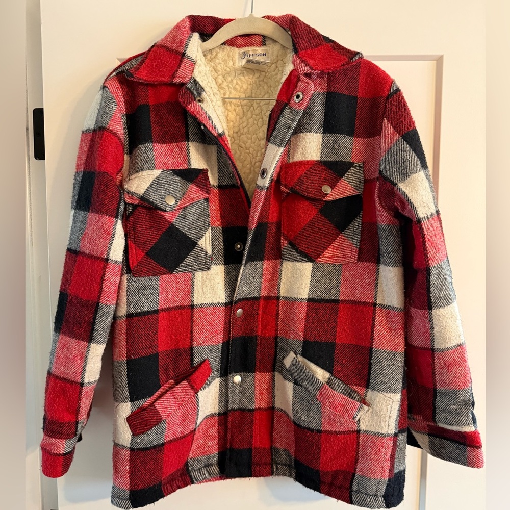Red and Black Wool Blend Plaid Jacket Sherpa Lining